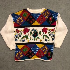 Cherry Stix Vintage‎ Hand Knit Floral Patchwork Sweater Multi Color Medium